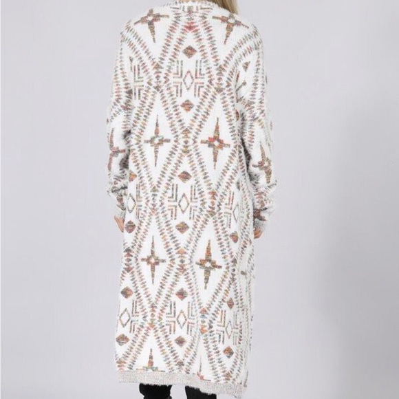 81. COST 🛑 OVERSIZED multicolor Cream Maxi Duster Sweater Cardigan Aztec boho - Picture 6 of 6